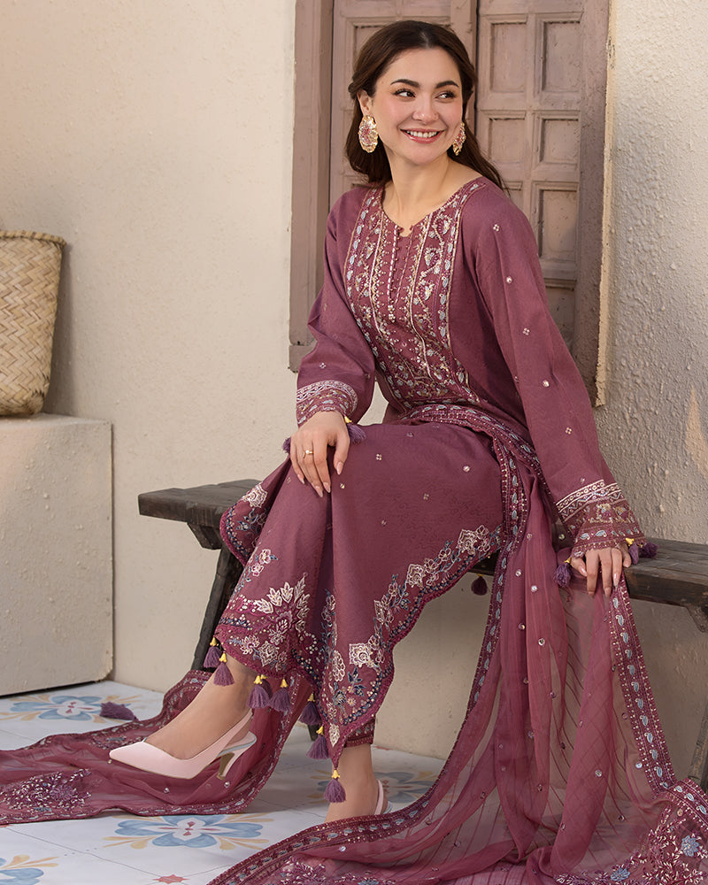 ALLY’S Unstitched Dhanak 3PC With Embroidered Shawl
