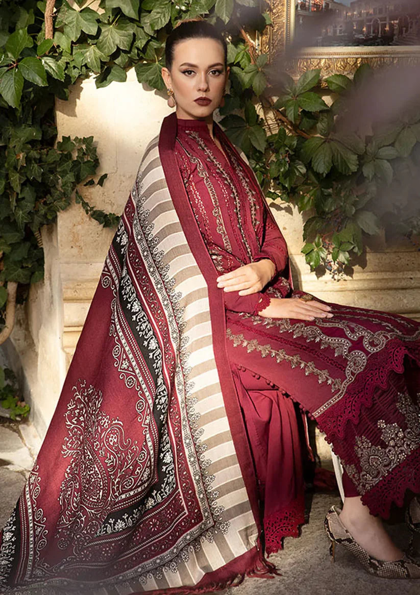 Maria B - 3PC Unstitched Dhanak Embroidered Shirt with Printed Wool Shawl and Trouser (SYT-117)