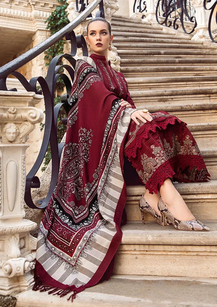 Maria B - 3PC Unstitched Dhanak Embroidered Shirt with Printed Wool Shawl and Trouser (SYT-117)
