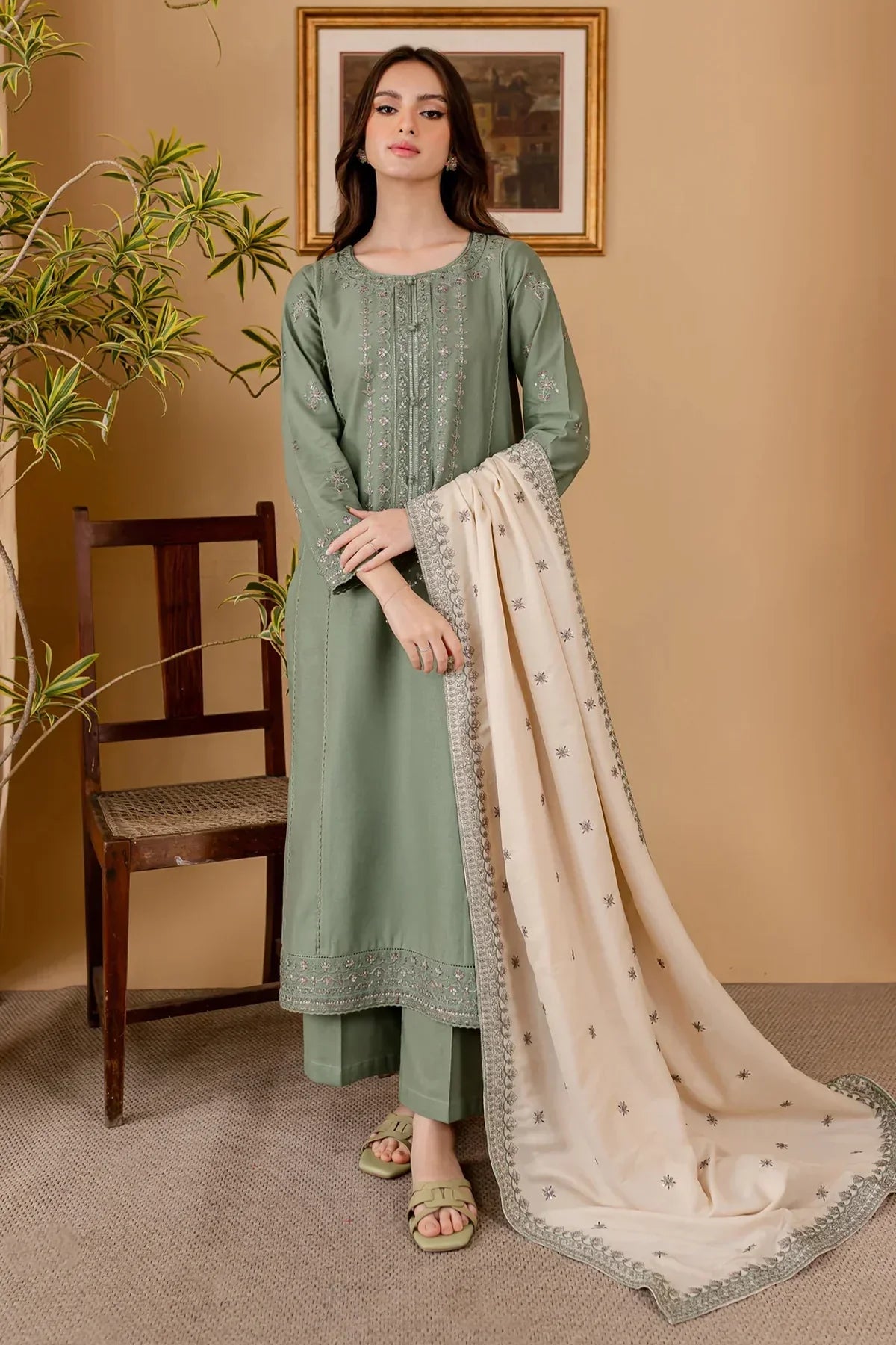 BATIK - 3PC DHANAK EMBROIDERED SHIRT WITH DHANKEMBROIDERED DUPATTA AND TROUSER