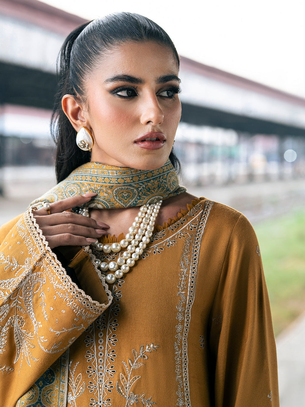 IZEL-3PC DHANAK EMBROIDERED SHIRT WITH COUTRAI PRINTED SHAWL & TROUSER (SYT-126)
