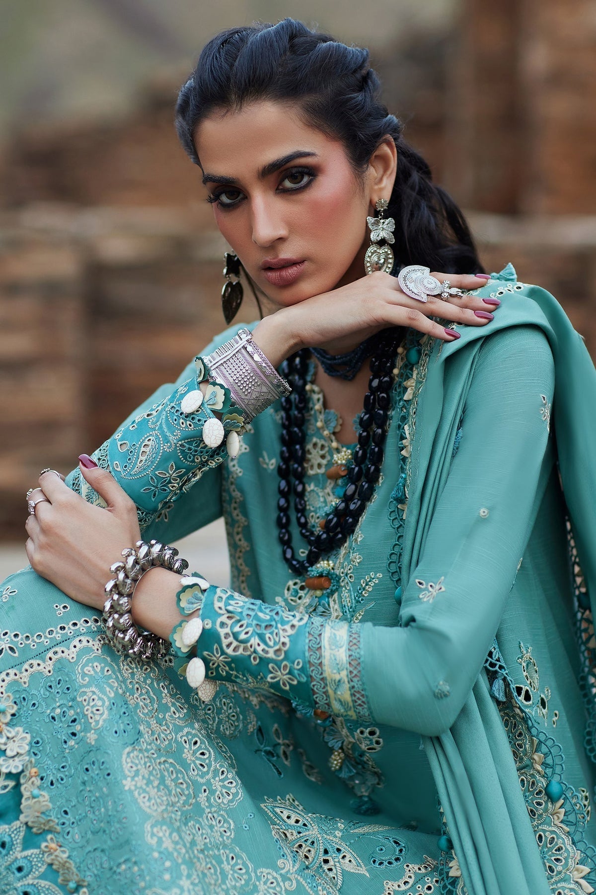 ELAN-3PC DHANAK CHIKAN EMBROIDERED SHIRT WITH DHANAK EMBROIDRED SHAWL & TROUSER (SYT-128)