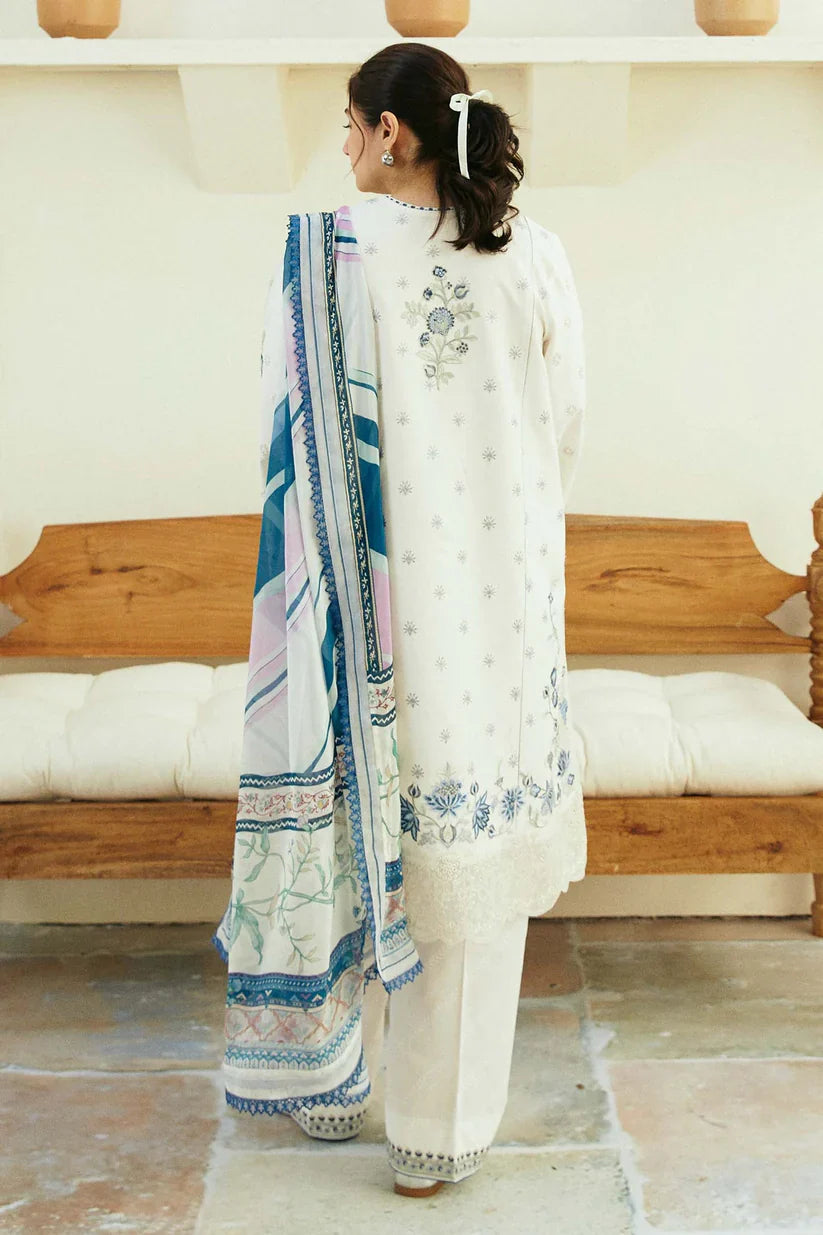 ZAHRA SHAHJAHAN- 3PC LAWN EMBROIDERED SHIRT WITH MONARK PRINT DUPATTA & TROUSER-d-3553