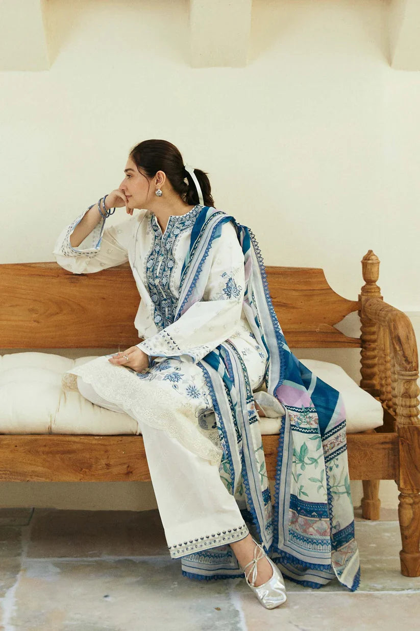 ZAHRA SHAHJAHAN- 3PC LAWN EMBROIDERED SHIRT WITH MONARK PRINT DUPATTA & TROUSER-d-3553