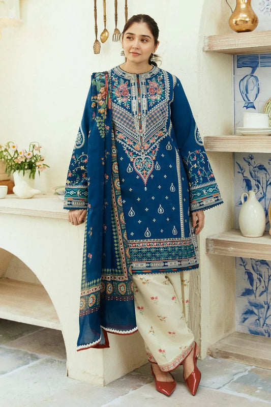 ZAHRA SHAHJAHAN- 3PC LAWN EMBROIDERED SHIRT WITH MONARK PRINT DUPATTA & EMB TROUSER-D-3552