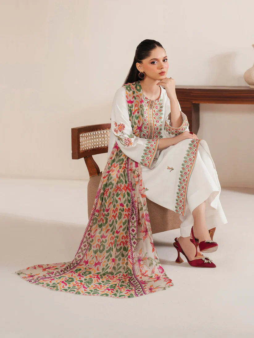 GARNET-3PC LAWN EMBROIDERED SHIRT WITH MONARK PRINT DUPATTA & LAWN TROUSER-D-3533