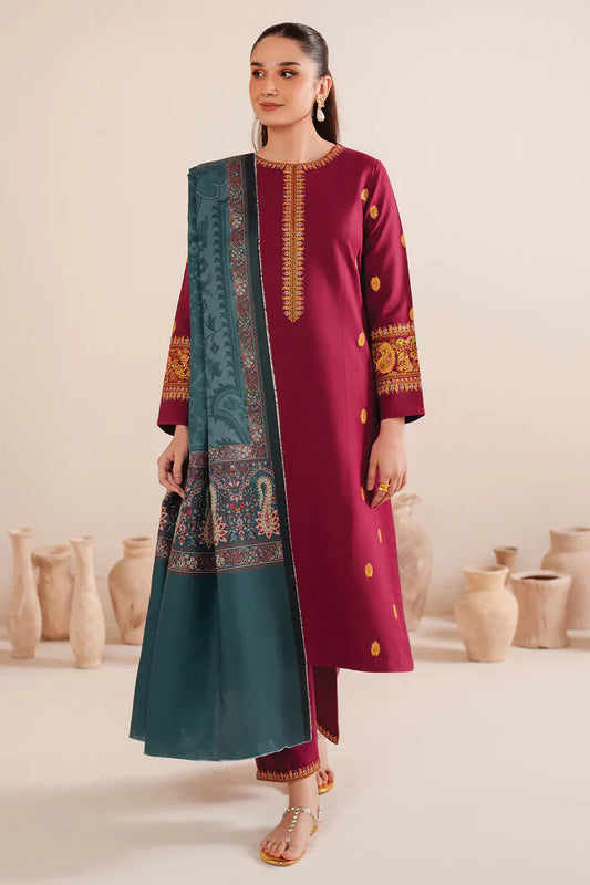 GARNET-3PC LAWN EMBROIDERED SHIRT WITH MONARK PRINT DUPATTA AND TROUSER-D-3535