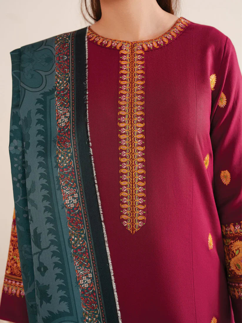 GARNET-3PC LAWN EMBROIDERED SHIRT WITH MONARK PRINT DUPATTA AND TROUSER-D-3535