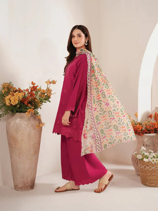 GARNET-3PC LAWN EMBROIDERED SHIRT WITH MONARK PRINT DUPATTA AND EMB TROUSER-D-3660